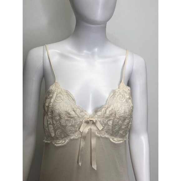 1970s Light Ivory White Lace Tiered Sleeveless Maxi Slip Lingerie Dress W/Bow. S - Picture 4 of 10